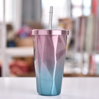 

Fashion Travel Summer Stainless Steel Straw Cold Double Wall Fit Water Drinking Cup Gradient Color Coffee Cup with Lid
