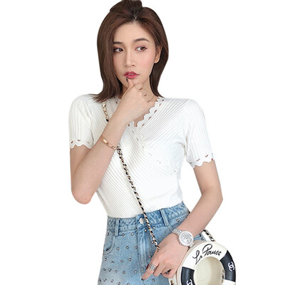 

Womens Korean Style Fashion V Neck Solid Short Sleeve Knitted Sexy Slim Pullover T-Shirt