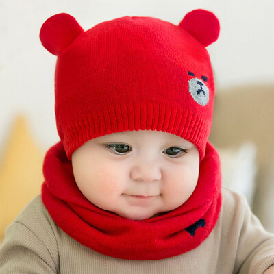 

Autumn And Winter Soft Cute Embroidered Bear Knitting Wool HatsScarfs Set Kids Baby Warm Beanie Cap Hat