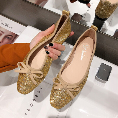 

Chic fairy wind bean shoes female spring&summer Korean square sequined bow shoes shoes