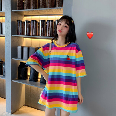 

Women Ladies Rainbow Stripe Loose Tops Casual Round Neck Short Sleeve T-Shirt