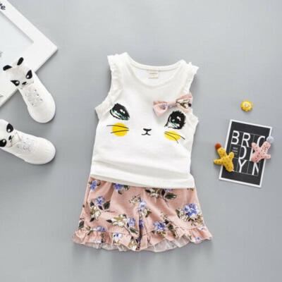 

UK Newborn Baby Girls Kitten Flowers Tops Pants Summer Clothes Outfits Set 0-3Y
