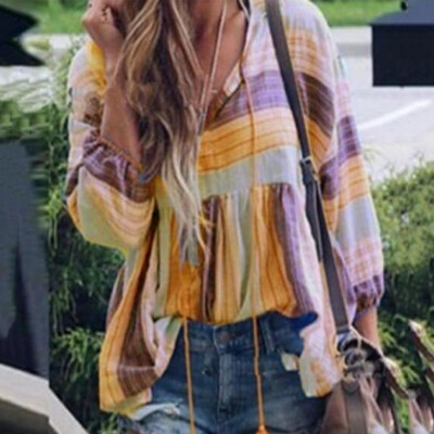 

Womens V-Neck Tops Casual T-Shirt Loose Long Sleeve Striped Blouse Boho Tops