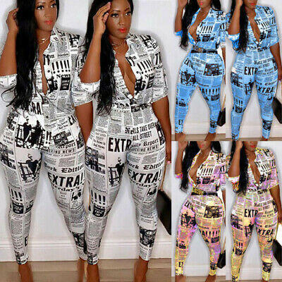 

Fashion Womens 2Pcs Set Tracksuit V Neck Printed Shirts Pants Outfits Plus Size