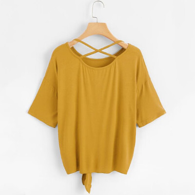 

Nomeni Womens Casual Solid Crisscross Back Knot Half Sleeve Blouse T Shirt
