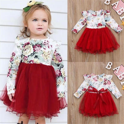 

Toddler Kids Baby Girls Floral Long Sleeve Tulle Tutu Skirts Dress Outfits Set