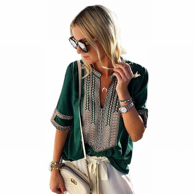 

Womens V-neck Short Sleeve Embroidered Lace Vintage Loose Shirt Top