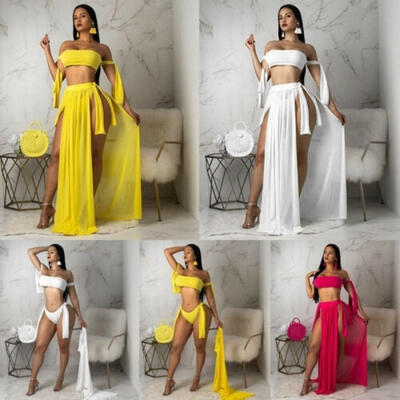 

3pcs Womens Summer Sexy Boho Long Dress Bandage Triangle Bikini Set Cover Up Beachwear Swimwear