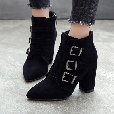 

Rose Fashion Pure Color Pointed Toe Zipper Boots Chunky Heels Vintage Women Boots