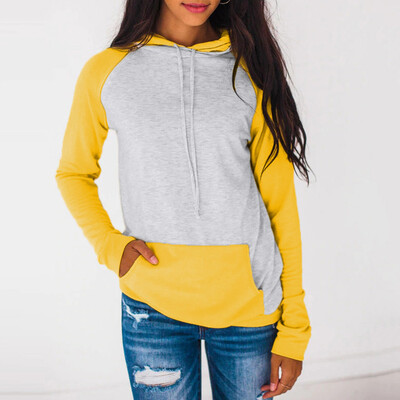

Nomeni Women Autumn Long Sleeve Pocket Patchwork Hooded Sweatshirt Pullover Tops Blouse
