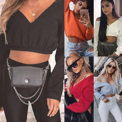 

Sexy Womens Long Sleeves Deep-V Neck Top Off Shoulder Shirt Blouse Autumn Top