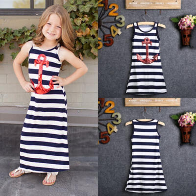 

UK STOCK Kids Baby Girls Sequins Anchor Stripe Holiday Dress Maxi Sundress 3-8Y