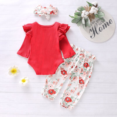 

Autumn Baby Girl Adorable Long Flare Sleeve Romper Tops Floral Trousers Headband Outfits Clothes
