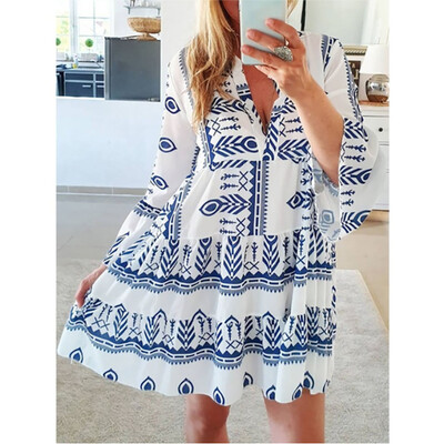 

Tailored Womens Autumn&Winter Fashion Printed V-collar Long Sleeve Dresses