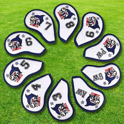 

Greensen 10Pcs PU Golf Iron Club Head Covers Headcovers Hook&Loop Opening with Embroidered Shark
