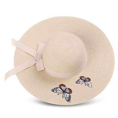

Woman Butterfly Embroidery Pattern Big Brim Bow Knot Outdoor Straw Sun Hat