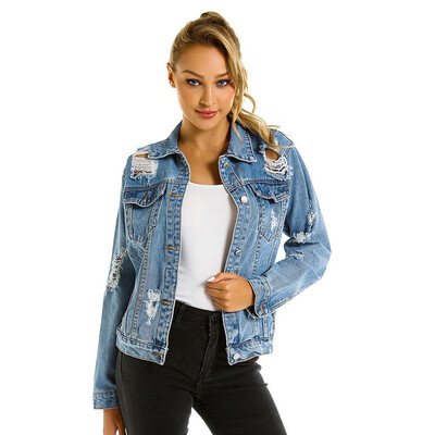 

Roseonmyhand Women Boyfriend Oversize Hole Loose Jacket Casual Denim Jeans Coat Outwear