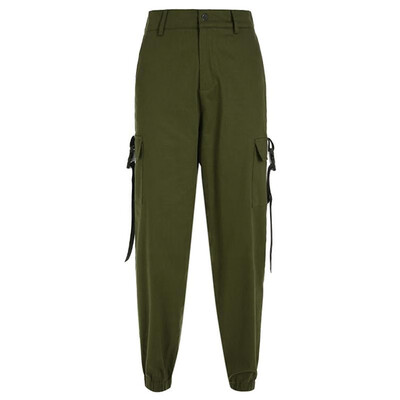 

Fashion Women Long Pants Solid High Waist Pocket Strap Side Casual Loose Cargo Trousers Streetwear KhakiGreenBlack