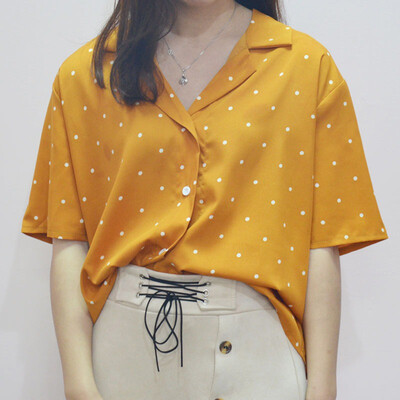 

Office Lady Tops And Blouses Fashion Women Summer Short Sleeve Blouse Polka Dot Womens Turn Down Collar Casual Short Tops