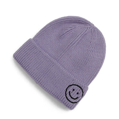 

Hat women fallwinter new knitted wool hat Korean version of Joker head cap smiley face embroidery childrens warm hat men