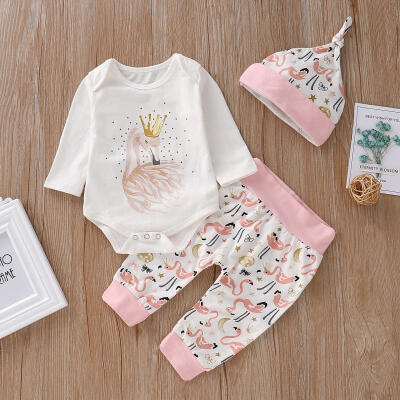 

3PCS Newborn Baby Girl Animal RomperLong PantsHats Outfits Bodysuit Clothes Sets
