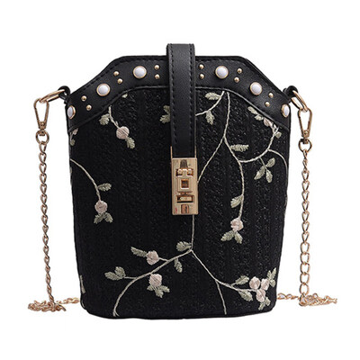

Women Flower Embroidery Lace Faux Pearl Studded Crossbody Shoulder Bucket Bag
