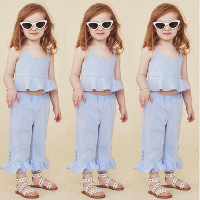 

Toddler Kids Baby Girl Summer Stripe Ruffle Tops Flared Pants Outfits Clothes