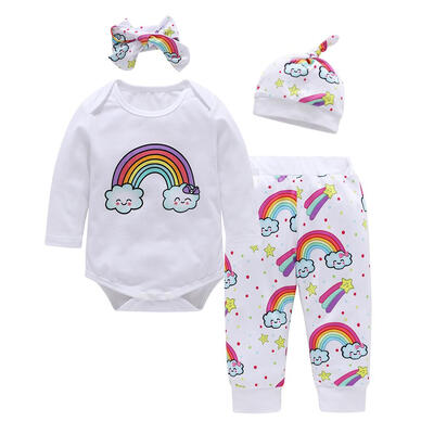 

Newborn Baby Cute Print 4pcs Long Sleeve Set Rompers Pants Headband Hat