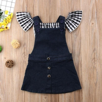 

Toddler Kids Baby Girl Plaid Tops T-shirt Demin Strap Dress 2Pcs Outfit Sundress