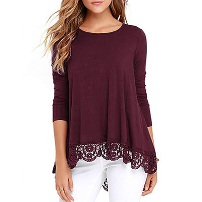 

Round Collar Women Loose Lace Stitching Spring Solid Color Loose Long Sleeve Casual Simple Wild T-Shirt
