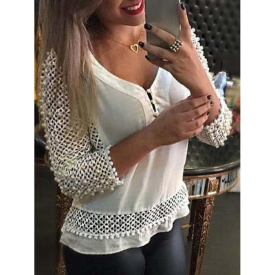 

Women&39s Fashion Loose V-Neck Tops Hollow Lace Long Sleeve T-Shirt Casual Blouse