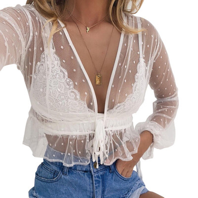 

Sexy Blouse Women Perspective Mesh Lace Flare Sleeve V-Neck Dot Tops Cover Up For Bikini womens tops&blouses blusa