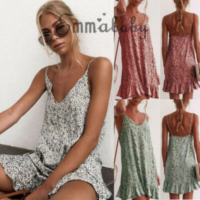 

Women Floral Boho Sundress Summer Holiday Beach Strappy Maxi Mini Midi Dress