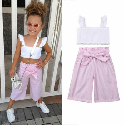 

US Toddler Baby Girl Sleeveless Vest Top Stripe Long Pants Outfit Clothes Summer