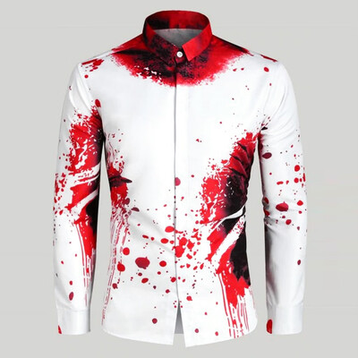 

Toponeto Halloween Novelty Men Blood Print Long Sleeve Turn-down Collar Shirts Tops