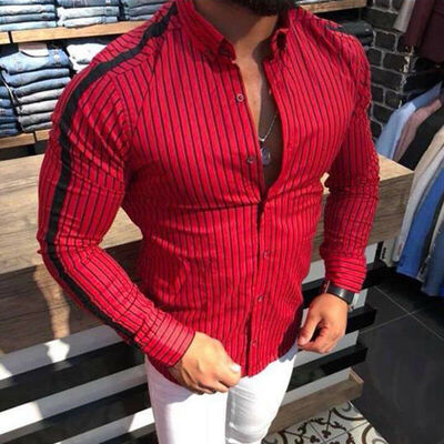 

Mens Slim Fit V Neck Long Sleeve Muscle Tee T-shirt Casual Tops Stripe Shirts