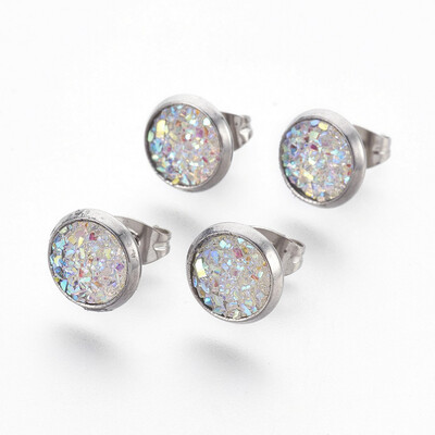 

304 Stainless Steel Stud Earrings with Resin Druzy Flat Round WhiteSmoke 14x10mm Pin 08mm