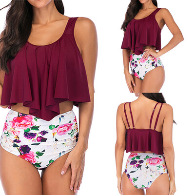 

Saidsome Womens Plus Size Lotus Leaf Print Swimsuit High Waist Split Bikini