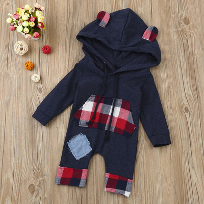 

Cute Newborn Kid Baby Bear Grid Hoodie Boys Girls Outfits Clothes Jumpsuit
