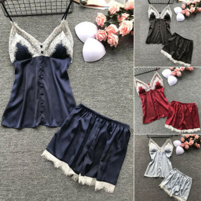 

US Summer Women Sexy Pajamas Silk Pijamas Sleepwear Deep V Sling Lingerie Set