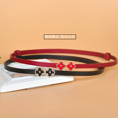 

Leather belt female four-leaf clover layer leather free punching pair pull belt thin dress decorative belt