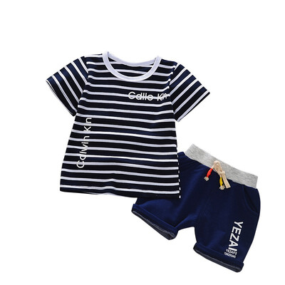 

Summer Toddler Boy Striped Letter Print Short Sleeve Cotton T-shirt Shorts Pants 2 Piece Suit Set