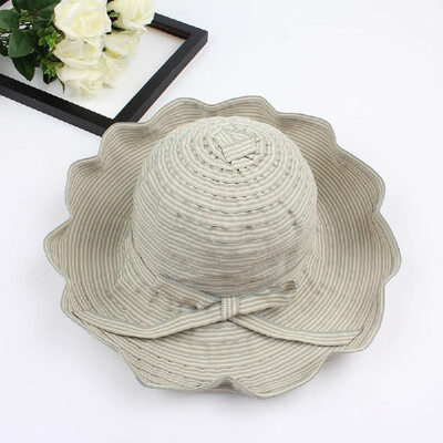 

New Summer Women Striped Cloth Sun Hat Foldable Large Brim Bow Decoration Beach Hat Cap