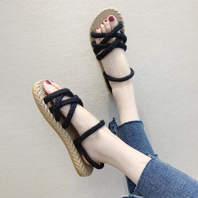 

Summer same flat-soled ins sandals straw sandals hemp rope sandals cross-strap sandals