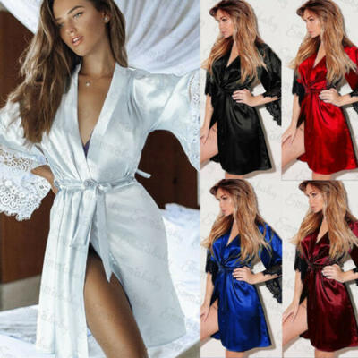 

UK Sexy Womens Lingerie Sleepwear Lace Satin Babydoll Robe Underwear Night Dress