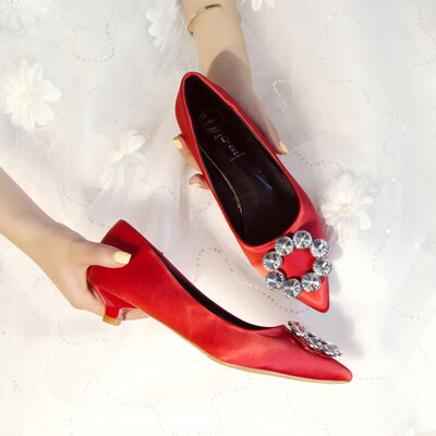 

2019 new spring high heels pointed 3cm low heel shallow mouth shoes womens shoes rhinestone square buckle bridesmaid wedding shoe