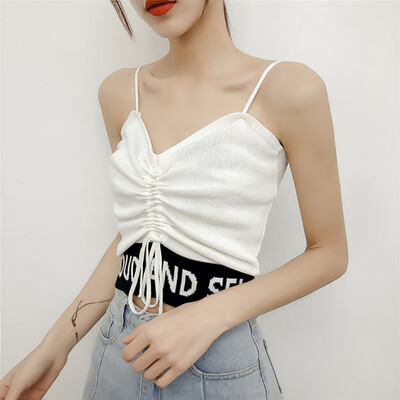 

Womens Sexy Drawstring Letter Print Sleeveless Pullover Knitted Crop Top Camisole