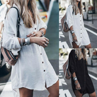 

Womens Black White Solid Color T-Shirt Long Sleeve Casual Loose Shirt Mini Dress