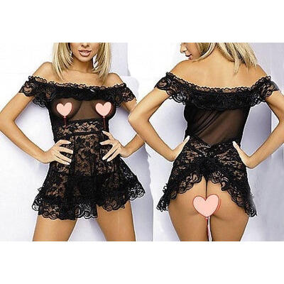 

Fashion Hot Women Ladies Sexy Lingerie Nightwear Lace Mesh Sheer Off-shoulder Babydoll G-string Underwear Sleepwear Black Whit