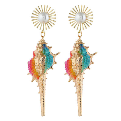 

Bohemian Beach Women Faux Pearl Inlaid Conch Pendant Statement Stud Earrings